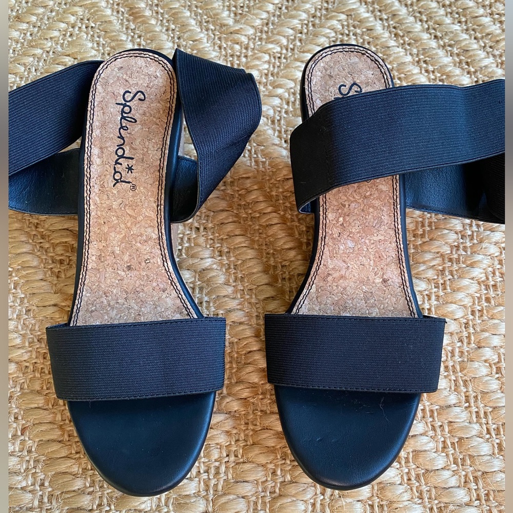 Worn Once Black Elastic Wrap Around Cork Wedges - image 1